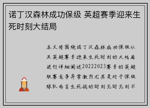 诺丁汉森林成功保级 英超赛季迎来生死时刻大结局 诺丁汉森林成功保级 英超赛季迎来生死时刻大结局