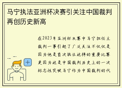 马宁执法亚洲杯决赛引关注中国裁判再创历史新高 马宁执法亚洲杯决赛引关注中国裁判再创历史新高